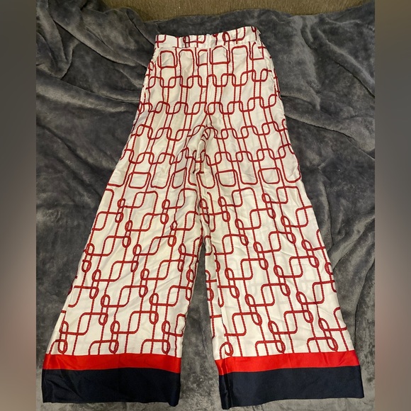 ZARA womens wide leg chain link pants navy red pull on XS - Picture 4 of 8